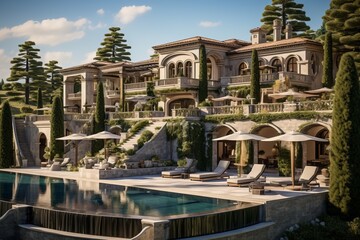 Naklejka premium A luxurious mansion with a pool and a beautiful landscape
