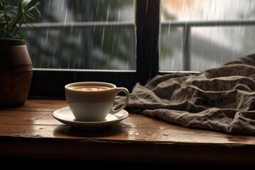 A steaming cup of coffee sits peacefully on a rustic wooden table, creating a cozy and inviting...