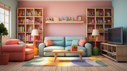 A cozy living room with a blue couch, pink armchair, and lots of bookshelves