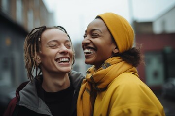 women smiling and laughing in the street