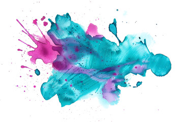 Turquoise and magenta blotchy watercolor paint stain on white background. 