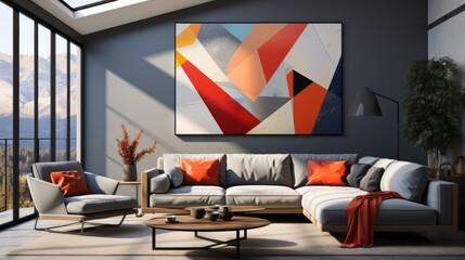 Modern living room interior with large painting on the wall