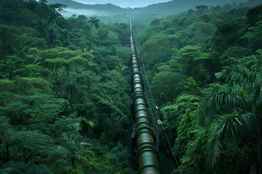 A long pipe is seen in a lush green forest