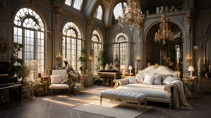 Ornate and spacious sitting room with a piano and chaise lounge