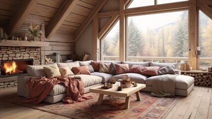 Fototapeta na wymiar Modern mountain house interior living room with fireplace and large windows