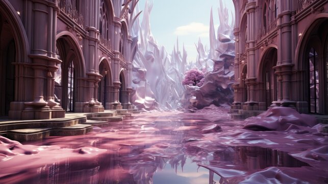 Pink surreal fantasy landscape with pink water and pink trees