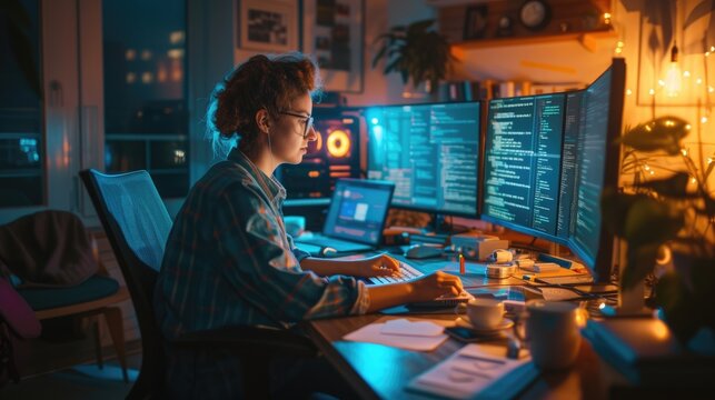 A software developer works on code late into the night, illuminated by the glow of multiple computer screens in a modern office. AIG41