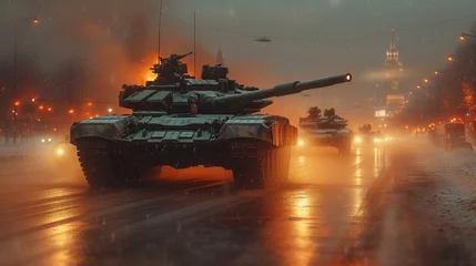Fotobehang column of tanks rides through the city © Olexandr