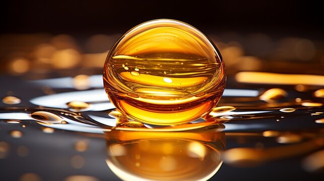 Amber liquid drop on dark reflective surface