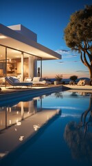 Fototapeta premium Modern minimalist villa with pool and sunset in the background
