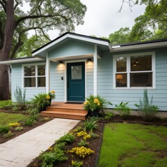 Small blue house with a blue door