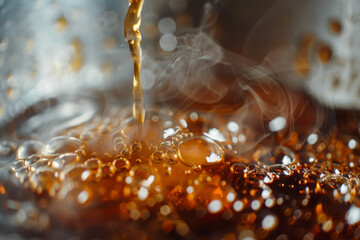 A cup of coffee is poured into a glass, creating a swirling pattern of bubbles