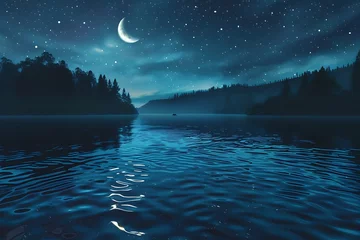 Poster Reflectie : A serene lake reflecting the night sky, with the moon and stars casting ripples on the water