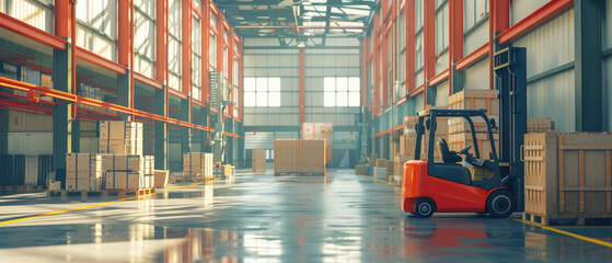 A forklift is in a large warehouse with many boxes by AI generated image - obrazy, fototapety, plakaty