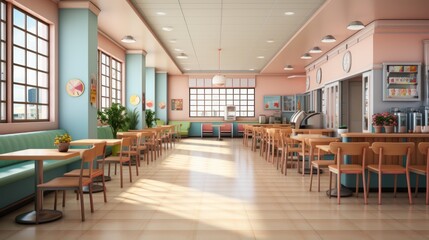 Retro pink and blue diner interior with large windows