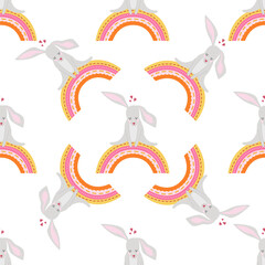Seamless pattern with bunnies. Children's print with rabbits. Spring. Work in the garden. Clouds, mill. Cute pattern for kids.