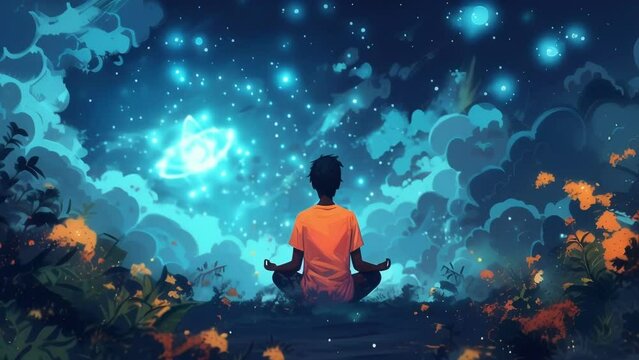 A person meditating in a peaceful serene setting with a thought bubble showing a simplified model of an atom hinting at the idea that conscious thought can influence the behavior