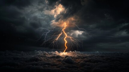 Lightning Bolt Striking Through Cloudy Sky - obrazy, fototapety, plakaty