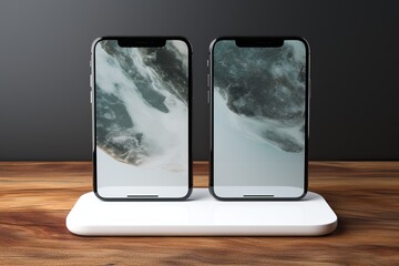 Two smartphones stand on a white stand.