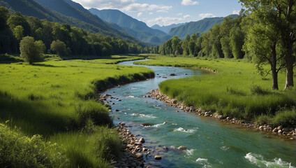 Fototapeta na wymiar A river flowing through a green valley with mountains in the distance