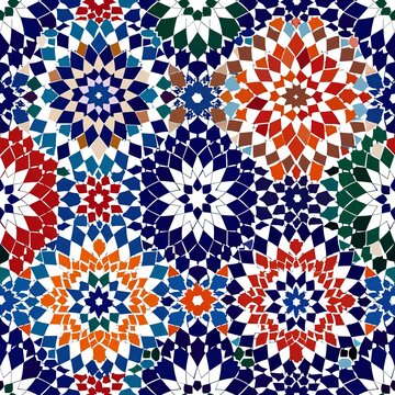Seamless pattern of Moroccan zellige, showcasing the art of mosaic tilework in rich hues. Seamless Pattern, Fabric Pattern, Tumbler wrap, Mug Wrap.