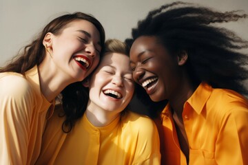 three women laugh together on a background white