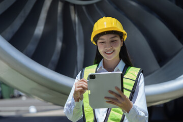 Woman engineer in white hardhat standing and holding tablet working aircraft maintenance mechanics...
