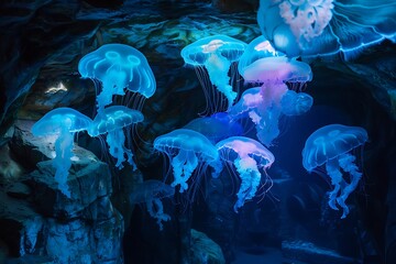 : A serene underwater grotto illuminated by sparkling, iridescent jellyfish,
