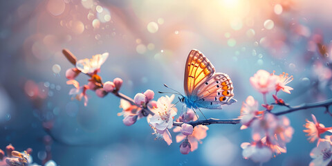 Beautiful blue yellow butterfly in flight and branch of flowering apricot tree in spring at Sunrise on light blue and violet background macro.. generative ai  - obrazy, fototapety, plakaty