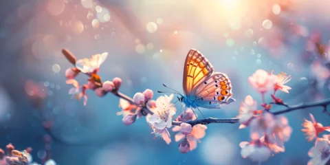 Foto op Plexiglas Beautiful blue yellow butterfly in flight and branch of flowering apricot tree in spring at Sunrise on light blue and violet background macro.. generative ai  © Malaika