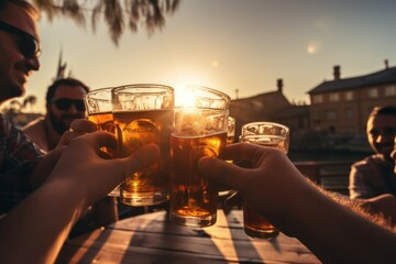 group of friends toasting to each other while drinking beer - obrazy, fototapety, plakaty