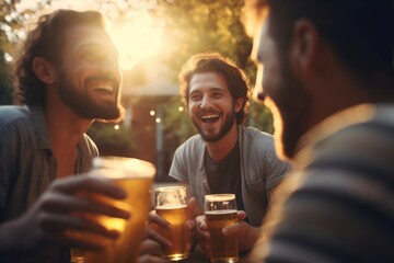 a group of male friends drinking beer together outdoors with drink glasses - obrazy, fototapety, plakaty