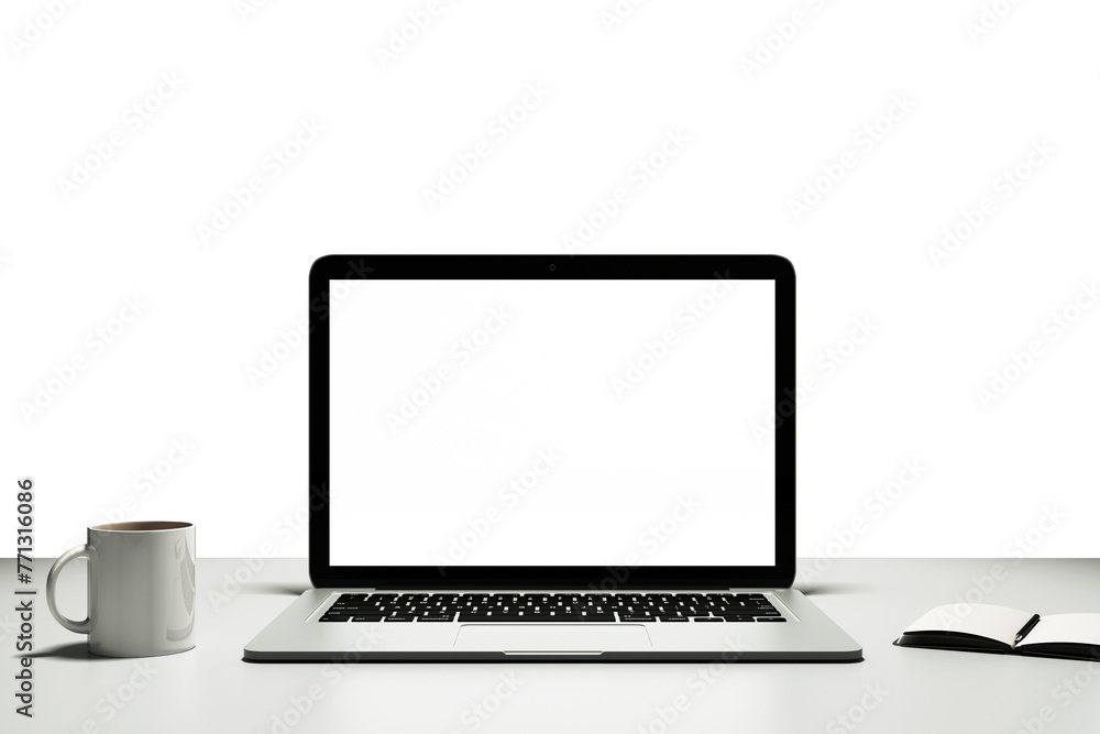 Poster a laptop with a blank screen next to a coffee mug and an open notebook on a white desk and backgroun