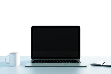 A laptop with a blank screen next to a white mug and an open notebook, arranged on a white background, conveying a minimalistic workspace concept