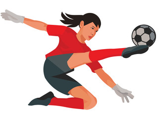 Fototapeta na wymiar Mongolian women's football young girl goalkeeper in red sports gear kicks the ball with her foot