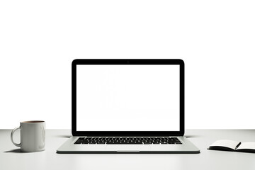 Fototapeta premium A laptop with a blank screen next to a coffee mug and an open notebook on a white desk and background, conveying a concept of a workspace