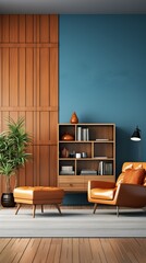 Blue and brown living room interior with leather armchair and ottoman