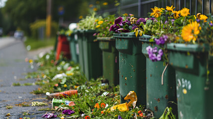 Rows of green flowerfilled trash cans line the landscape - obrazy, fototapety, plakaty