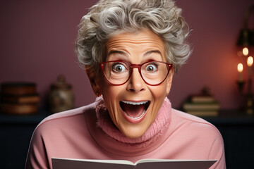 Surprised older and gray-haired granny holding sheets of white book in her hands.