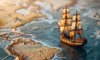 Old sailing ship model on world map , exploration and explorer concept image, Generative AI