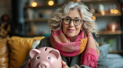 Happy senior woman saving money in piggy bank