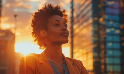 Happy wealthy rich successful black businesswoman standing in big city modern skyscrapers street on sunset thinking of successful vision, dreaming of new investment, Generative AI - obrazy, fototapety, plakaty