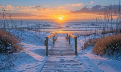 Foto op Aluminium Long boardwalk leading to the white sand beach and ocean water at sunset with few shrubs on sides, Generative AI © Just Bella