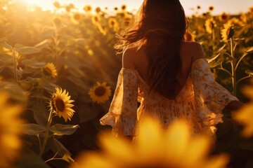 Woman walking through a field of sunflowers
