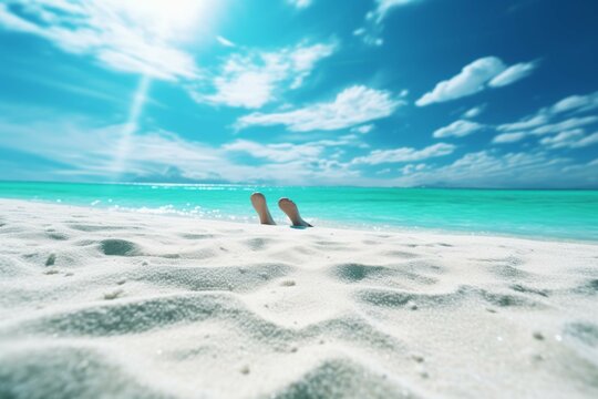 Woman sunbathing on a white sandy beach