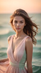 Fototapeta na wymiar Beautiful lady at the beach in a light pink and mint green luxury dress 