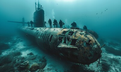 Military submarine diving underwater, Generative AI - obrazy, fototapety, plakaty