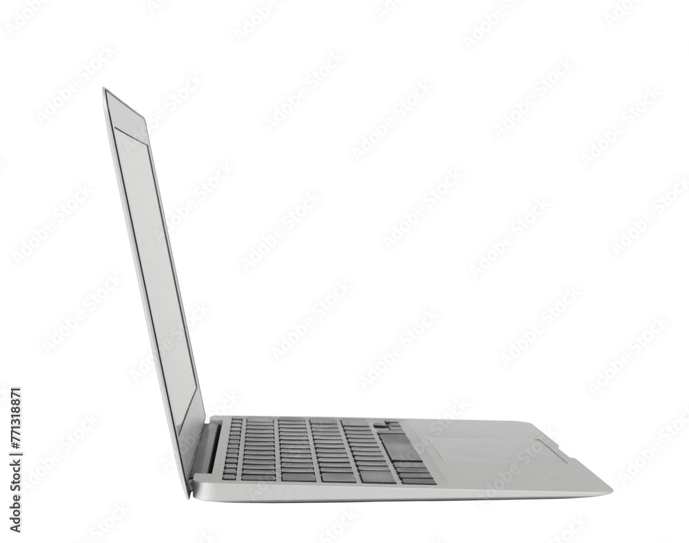 Poster A side view of an open laptop computer isolated on white background, clean and minimalistic design concept