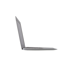 A side view of a laptop partially open on a white background, depicting technology and connectivity