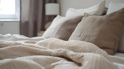close up cozy sofa with pillows and knitted plaid. Scandinavian, hygge, boho home interior design of modern living room.